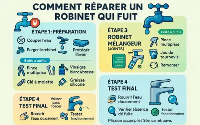 Guide illustré pour réparer un robinet de salle de bain qui fuit. Étapes : préparation, robinet mélangeur, et test final.