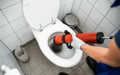 Main tenant utilise un déboucheur pour déboucher WC.