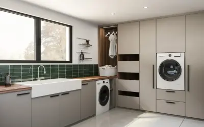 Aménagement buanderie moderne avec évier, lave-linge, rangements intégrés et une penderie ouverte.