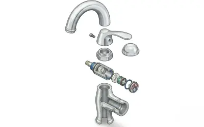 Pièces détachées d'un robinet, montrant comment changer cartouche mitigeur.