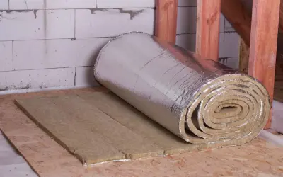 Rouleau d'isolant thermique à faible épaisseur, prêt à être posé sur un plancher en bois. Idéal pour une isolation performante et discrète.