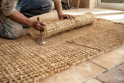 Pose d'un tapis en jonc de mer. Un artisan déroule le rouleau de fibre naturelle sur le sol.