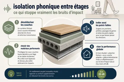 Stratification pour l'isolation phonique sol : désolidariser, choisir matériaux performants, traiter points faibles et viser performance globale pour réduire bruits d'impact.