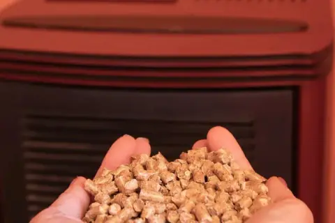 Mains de femme tenant des granulés de bois devant un poêle à granulé, illustrant le fonctionnement de cet appareil de chauffage écologique.