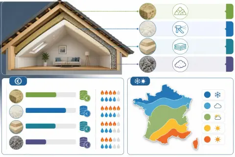 Comparatif des prix m2 isolation combles aménageables. Différents matériaux, coûts et efficacité thermique selon les zones climatiques de France.