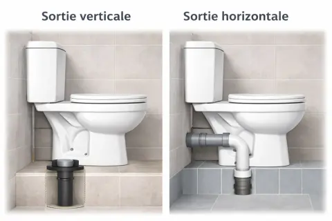 Schéma installation WC : sortie verticale avec évacuation au sol, sortie horizontale avec raccordement mural.