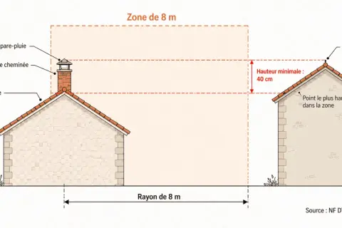 Illustration montrant la distance entre le tubage et le chapeau de cheminée, avec une zone de 8m et une hauteur minimale de 40cm.