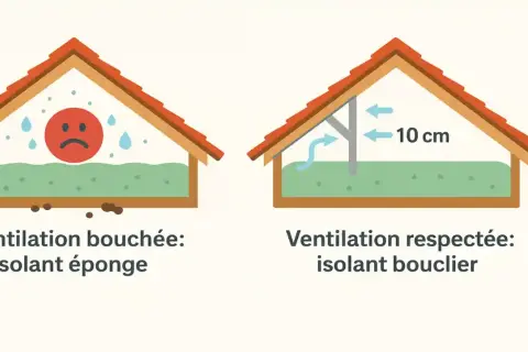 Illustration comparant une ventilation de combles bouchée (isolant éponge) et une ventilation respectée (isolant bouclier). Le prix de l'isolation des combles dépend de ces facteurs.