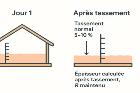 Illustration montrant la laine de roche soufflée dans un grenier le Jour 1, puis après tassement normal (5-10%). Le prix laine de roche soufflée au m2 est impacté par ce tassement.