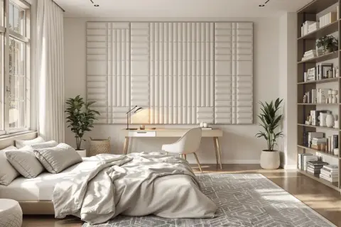 Chambre à coucher moderne avec mur capitonné, idéal pour comment insonoriser une chambre à coucher. Un bureau, une étagère remplie de livres et un lit douillet.