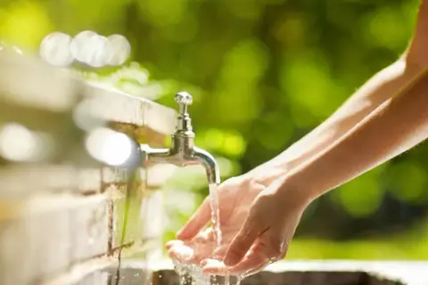 Mains sous un robinet extérieur. La hauteur du robinet extérieur est idéale pour se laver les mains dans ce cadre verdoyant.