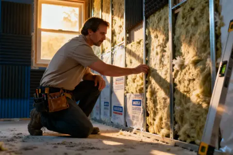 Un homme installe de l'isolant dans un mur, améliorant l'isolation phonique du mur mitoyen.