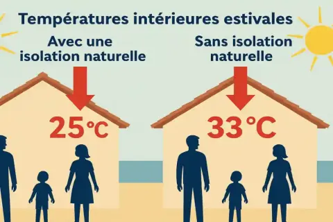 Deux maisons sous le soleil : l'une à 25°C avec isolation, l'autre à 33°C sans. L'inertie thermique protège du chaud.