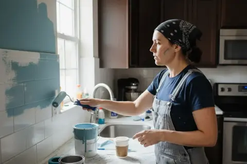 Une femme peint son carrelage mural de cuisine en bleu clair. Elle utilise un rouleau pour appliquer la peinture, cherchant la meilleure peinture pour carrelage mural cuisine.