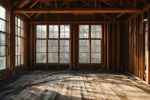 Intérieur d'une maison en construction, bois apparent, fenêtres donnant sur des arbres. Le **traitement charpente avant isolation** est visible.