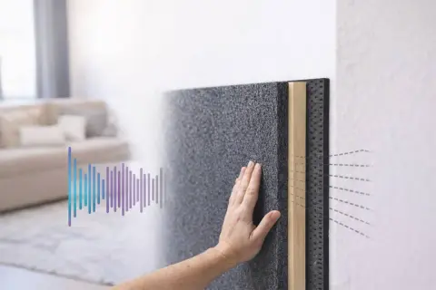 Main d'une personne touchant un panneau isolant, symbolisant le meilleur isolation phonique cloison intérieure. Des ondes sonores sont représentées.