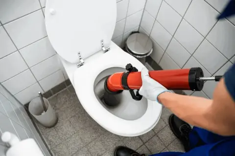 Main tenant utilise un déboucheur pour déboucher WC.