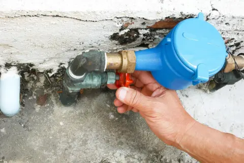 Main tenant intervient pour réparer une fuite d'eau sur un raccord de compteur.