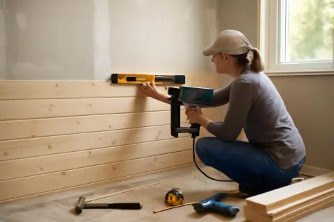 Une personne utilise un pistolet à clous et un niveau pour installer du **matériel placo** en lambris de bois.