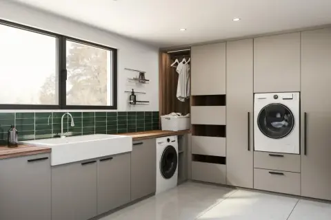 Aménagement buanderie moderne avec évier, lave-linge, rangements intégrés et une penderie ouverte.