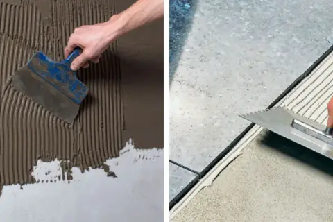 Application de colle carrelage sur carrelage avec une spatule crantée pour une pose parfaite.