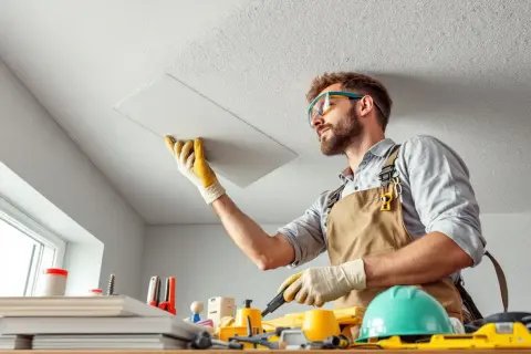 Un bricoleur avec des lunettes de protection et des gants est en train de coller du placo au plafond.