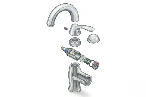 Pièces détachées d'un robinet, montrant comment changer cartouche mitigeur.