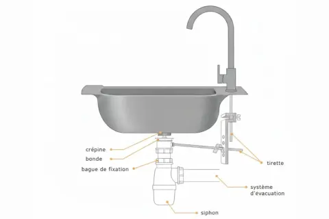 Schéma d'un évier de cuisine montrant le montage du robinet et du système d'évacuation, utile pour changer mitigeur cuisine.