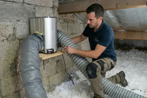 Un technicien installe un système de vph ventilation dans un grenier isolé.