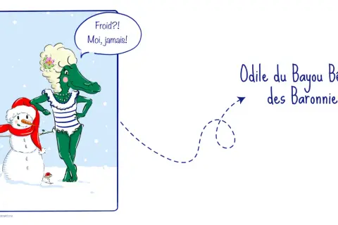 Une alligator en maillot de bain, indifférente au froid, à côté d'un bonhomme de neige. Avis pompe à chaleur grand froid : elle n'en a pas besoin !