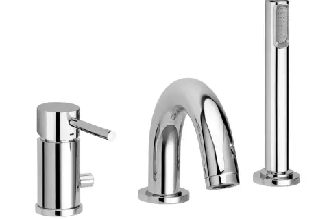 Ensemble mitigeur baignoire chromé : commande, bec incurvé et douchette. Idéal pour installer mitigeur baignoire sur gorge.