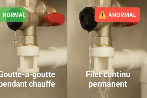Comparaison : goutte à goutte normal pendant le chauffage vs. filet continu anormal. Un groupe de sécurité est essentiel pour éviter les fuites.