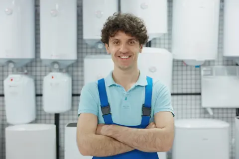 Un plombier souriant, en tenue bleue, se tient devant plusieurs chauffe-eau. Il est prêt à vous aider pour le **vider chauffe eau**.