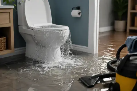 Toilettes qui débordent, inondant la salle de bain. Un aspirateur eau et poussière est prêt pour aider à comment vider l'eau des toilettes.
