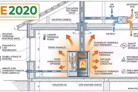 Schéma d'une maison RE2020 : poêle à bois avec conduit isolé, échangeur thermique, VMC double flux et isolation renforcée.