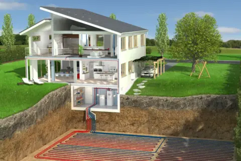 Maison moderne avec coupe transversale montrant le système de chauffage géothermique. Le prix d'une pompe à chaleur géothermique est un investissement pour un confort durable.