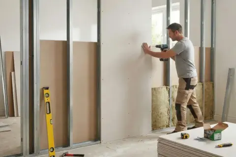 Un ouvrier fixe une plaque de plâtre sur une ossature métallique. Le chantier progresse pour créer une nouvelle cloison.