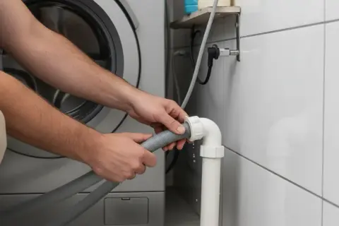 Mains de personne effectuant le branchement machine à laver, connectant le tuyau gris à un raccord blanc sur un tuyau d'évacuation vertical.