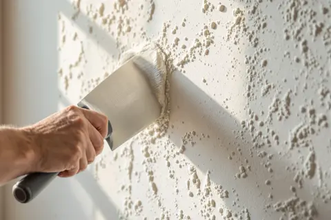 Main d'un artisan appliquant un crépi au rouleau sur un mur texturé. La lumière du soleil crée des ombres sur la surface.