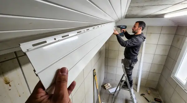 Un homme sur une échelle visse une lame de lambris PVC au plafond. Le chantier progresse.