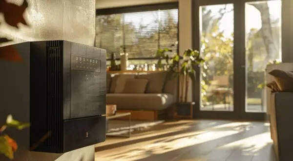 Un radiateur basse consommation noir, design et discret, diffuse une douce chaleur dans un salon lumineux.