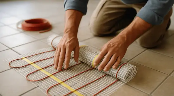 Installation d'un plancher rayonnant électrique. Un homme déroule le tapis chauffant sur le carrelage.