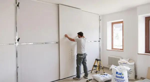Un homme est en train de poser du placo sur une structure métallique dans une pièce en construction. Des sacs de matériaux sont au sol.