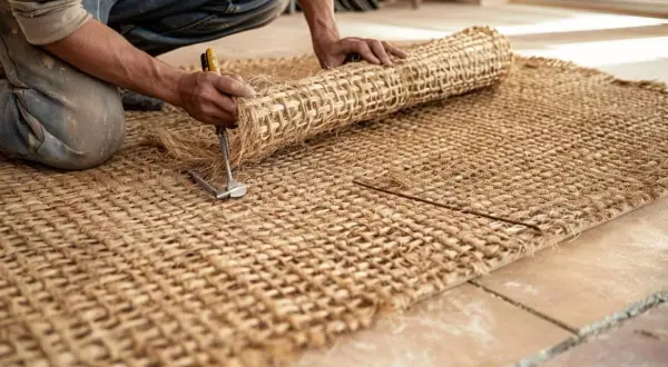 Pose d'un tapis en jonc de mer. Un artisan déroule le rouleau de fibre naturelle sur le sol.