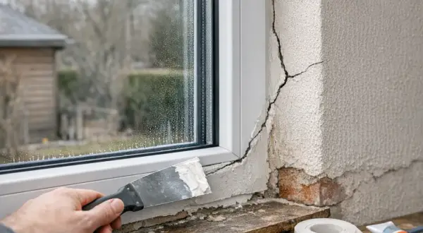 Réparation d'une fissure près d'une placo fenêtre avec une spatule. Le crépi s'effrite, révélant la brique.