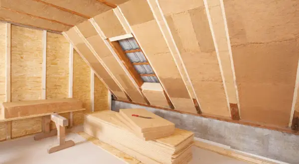 Isolation de combles en cours, avec des panneaux de fibre de bois prêts à être posés.