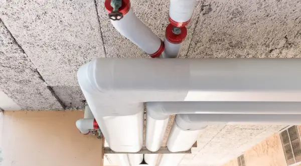 Gros tuyaux blancs, certains avec des capuchons rouges, sont installés sous un plafond texturé. L'ensemble est conçu pour isoler le tuyau de chauffage.