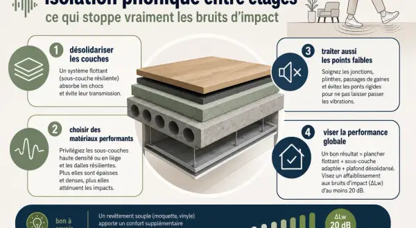 Stratification pour l'isolation phonique sol : désolidariser, choisir matériaux performants, traiter points faibles et viser performance globale pour réduire bruits d'impact.
