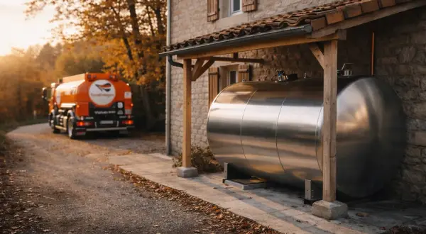 Camion de livraison de fioul près d'une cuve. Le chauffage fioul prix est une préoccupation pour les propriétaires.