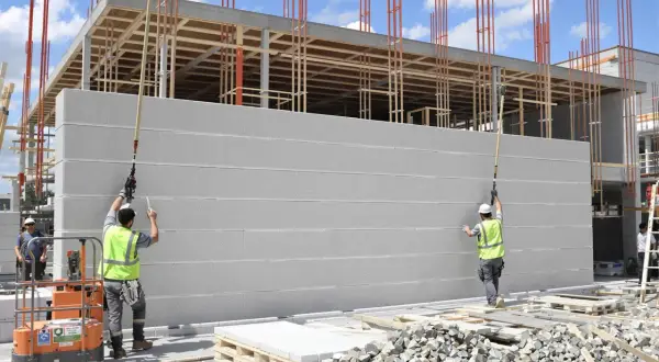 Chantier de construction : des ouvriers installent des blocs de béton cellulaire pour l'isolation d'un mur extérieur.